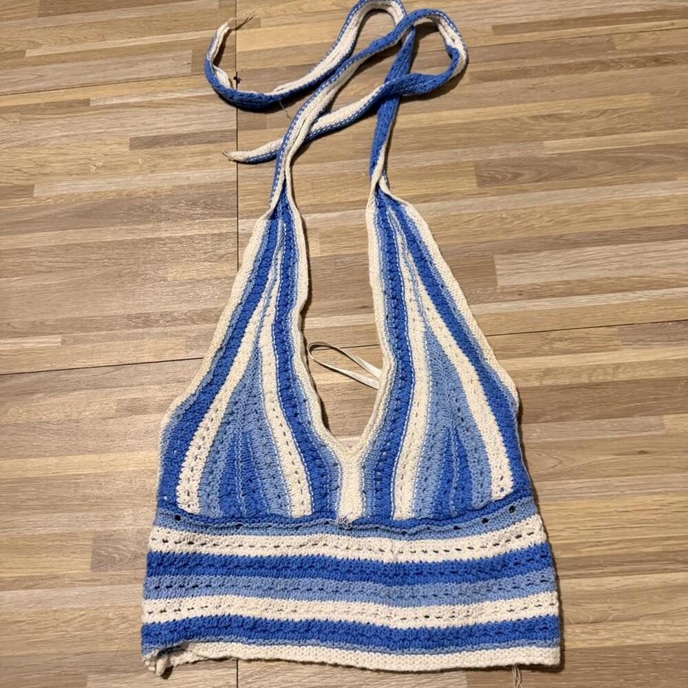 Blue White Striped Crochet Halter Crop Top